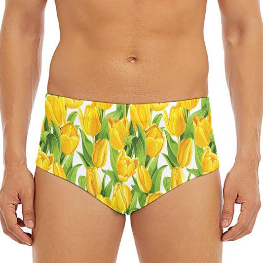 Yellow Spring Tulip Pattern Print Men's Triangle Swim Briefs