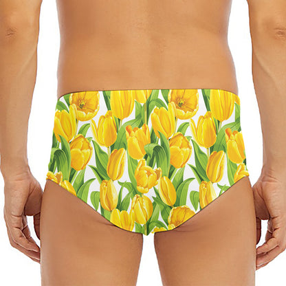 Yellow Spring Tulip Pattern Print Men's Triangle Swim Briefs