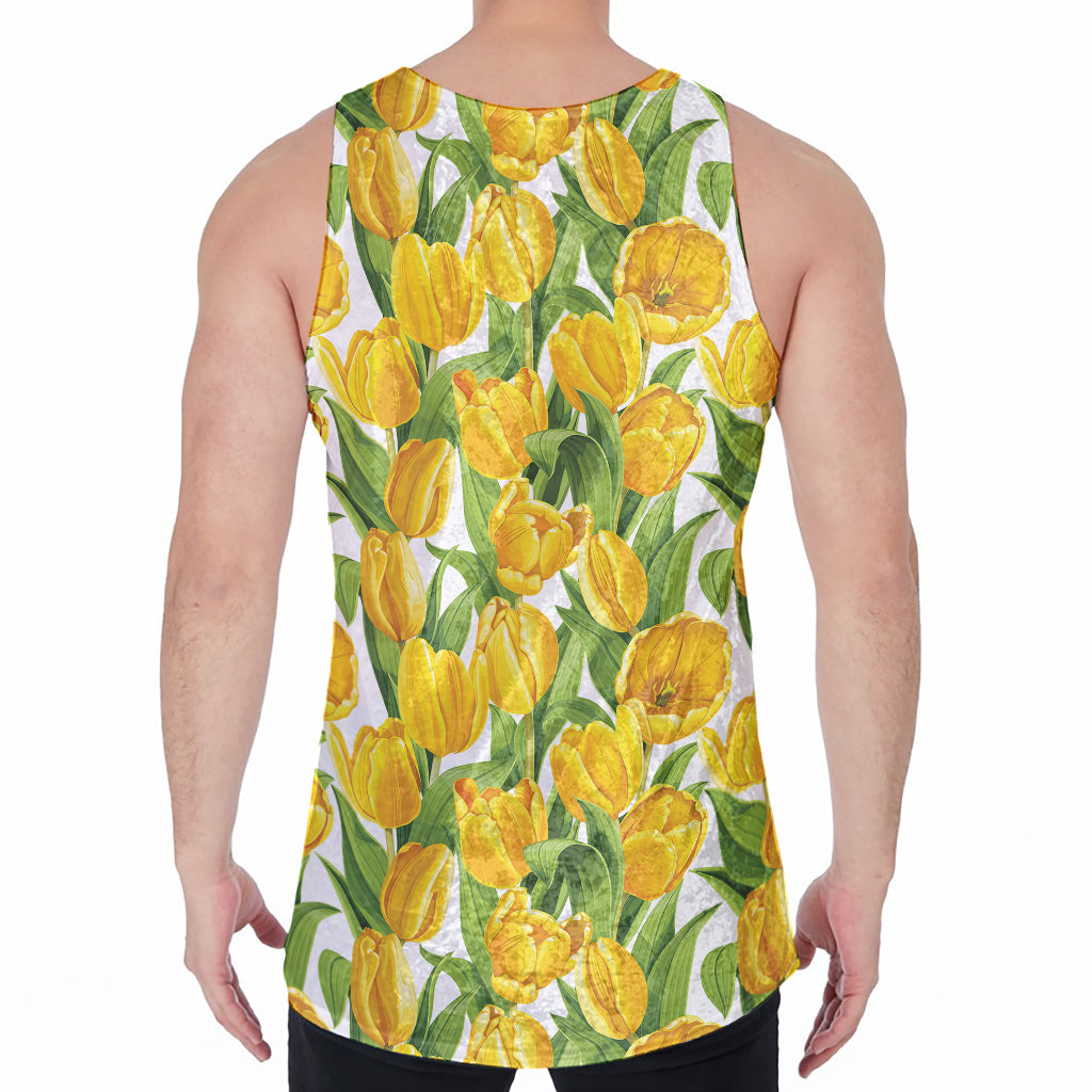 Yellow Spring Tulip Pattern Print Men's Velvet Tank Top