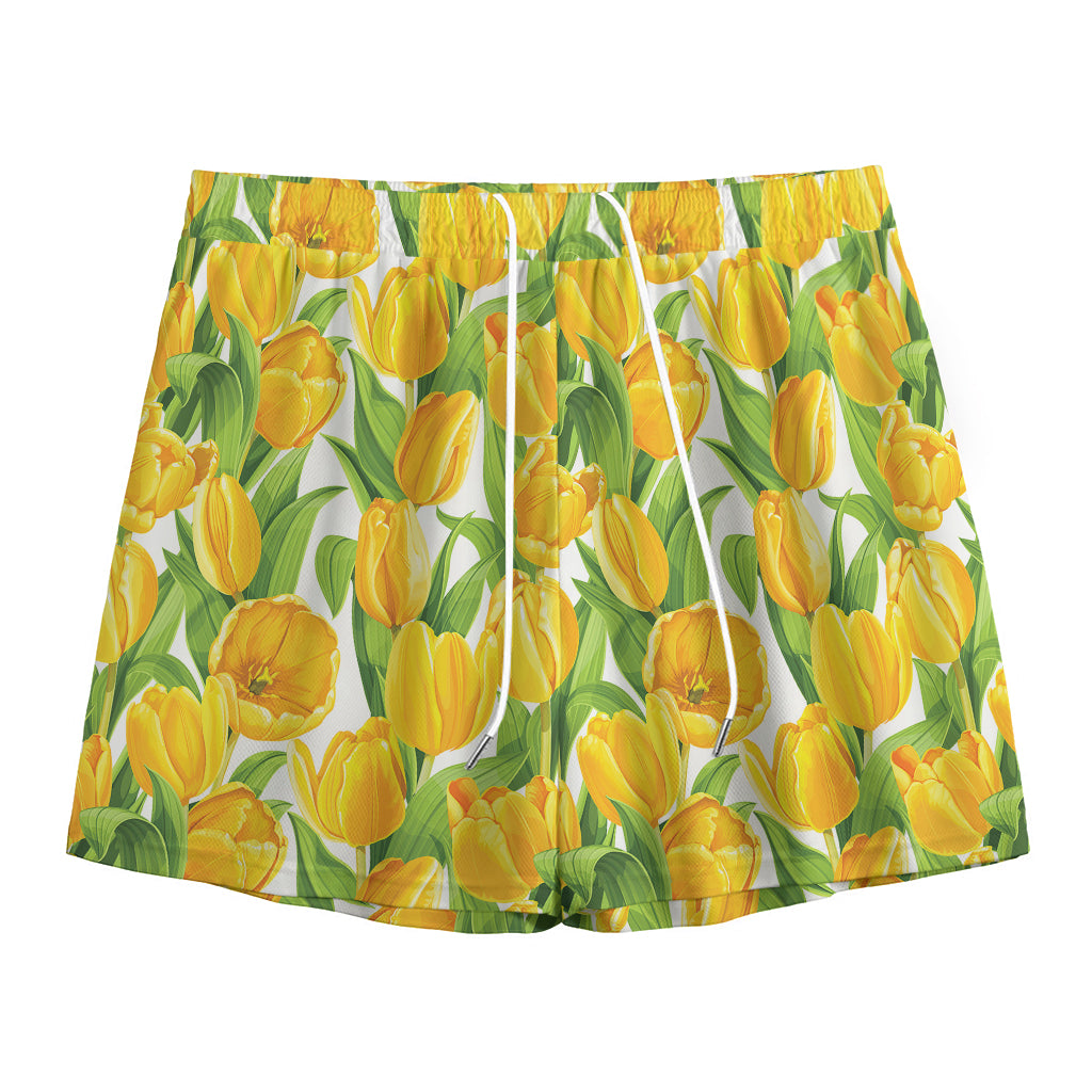 Yellow Spring Tulip Pattern Print Mesh Shorts