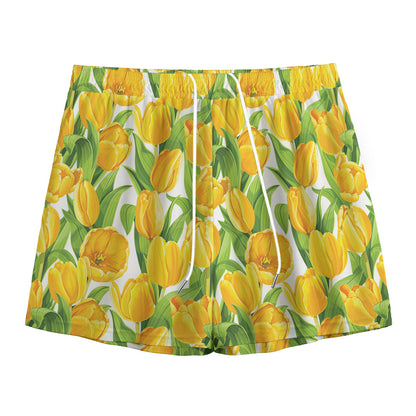 Yellow Spring Tulip Pattern Print Mesh Shorts