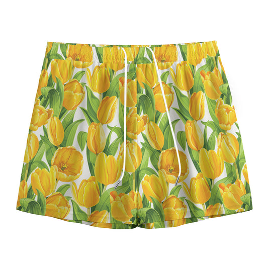 Yellow Spring Tulip Pattern Print Mesh Shorts