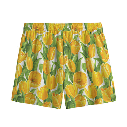 Yellow Spring Tulip Pattern Print Mesh Shorts