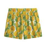 Yellow Spring Tulip Pattern Print Mesh Shorts