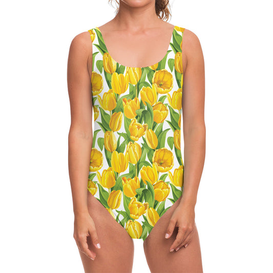 Yellow Spring Tulip Pattern Print One Piece Swimsuit