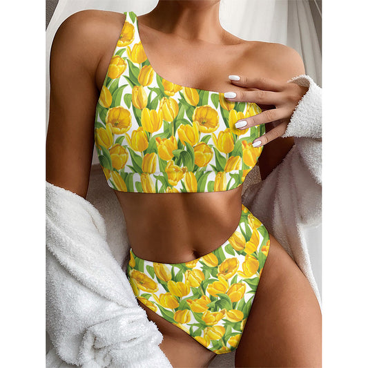 Yellow Spring Tulip Pattern Print One Shoulder Bikini Top