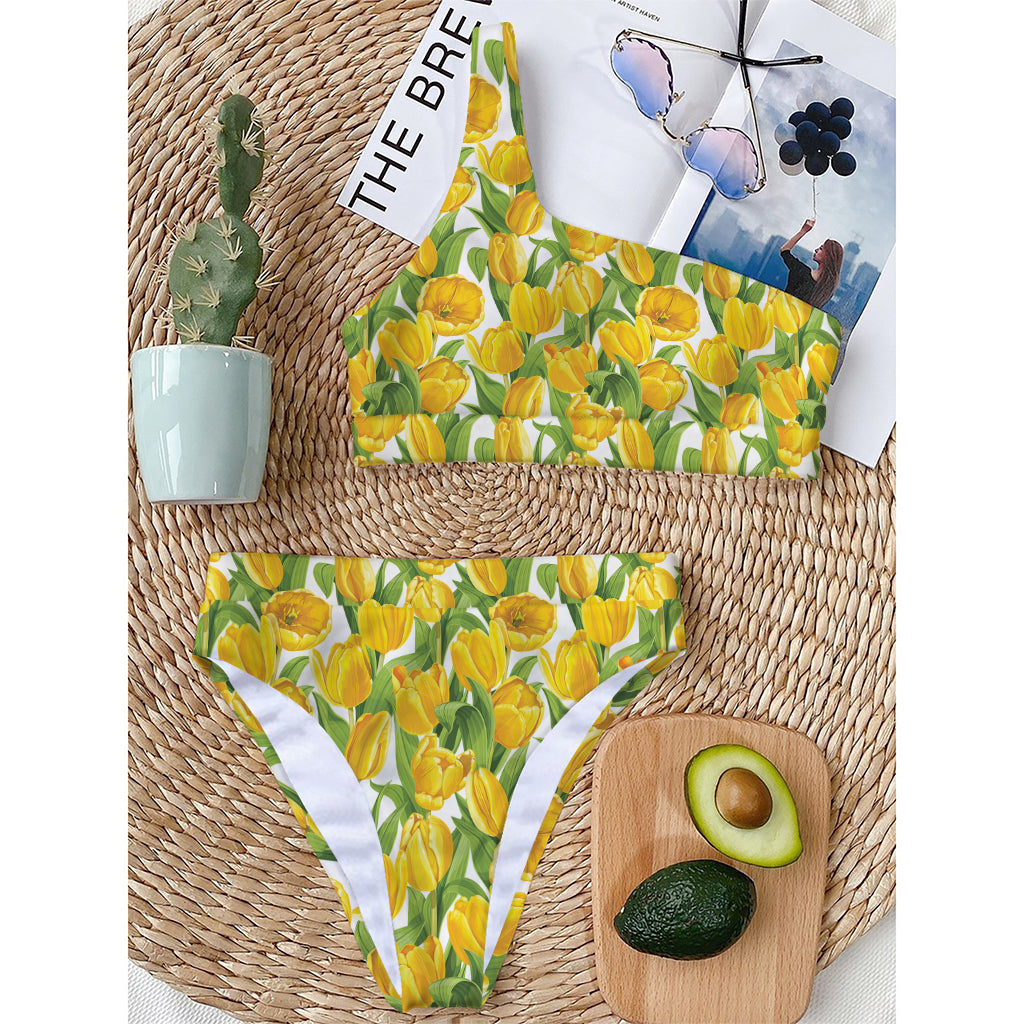Yellow Spring Tulip Pattern Print One Shoulder Bikini Top