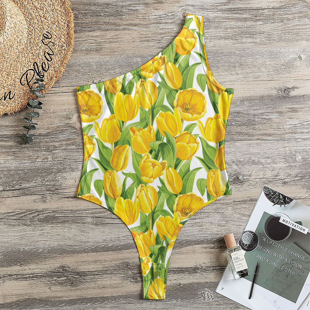 Yellow Spring Tulip Pattern Print One Shoulder Bodysuit
