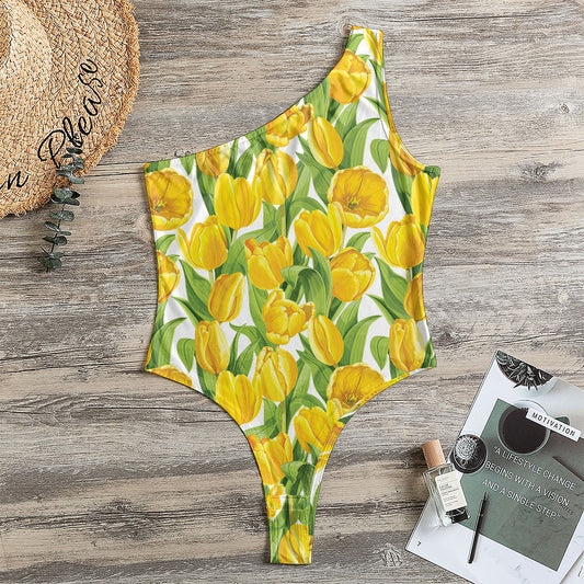 Yellow Spring Tulip Pattern Print One Shoulder Bodysuit