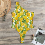 Yellow Spring Tulip Pattern Print One Shoulder Bodysuit