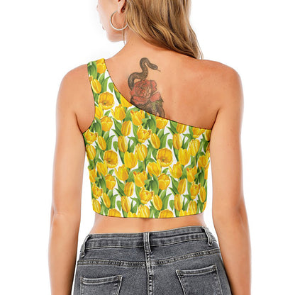 Yellow Spring Tulip Pattern Print One Shoulder Crop Top