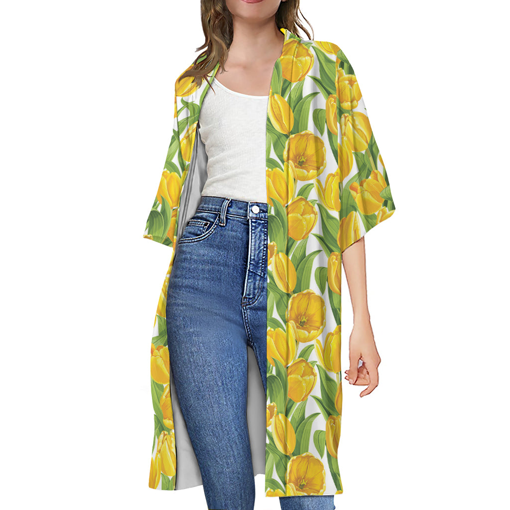 Yellow Spring Tulip Pattern Print Open Front Beach Cover Up