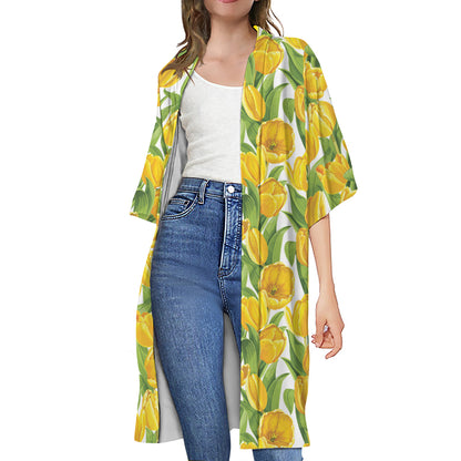 Yellow Spring Tulip Pattern Print Open Front Beach Cover Up