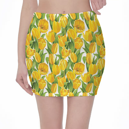 Yellow Spring Tulip Pattern Print Pencil Mini Skirt