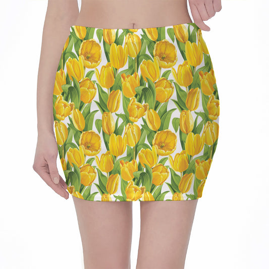 Yellow Spring Tulip Pattern Print Pencil Mini Skirt