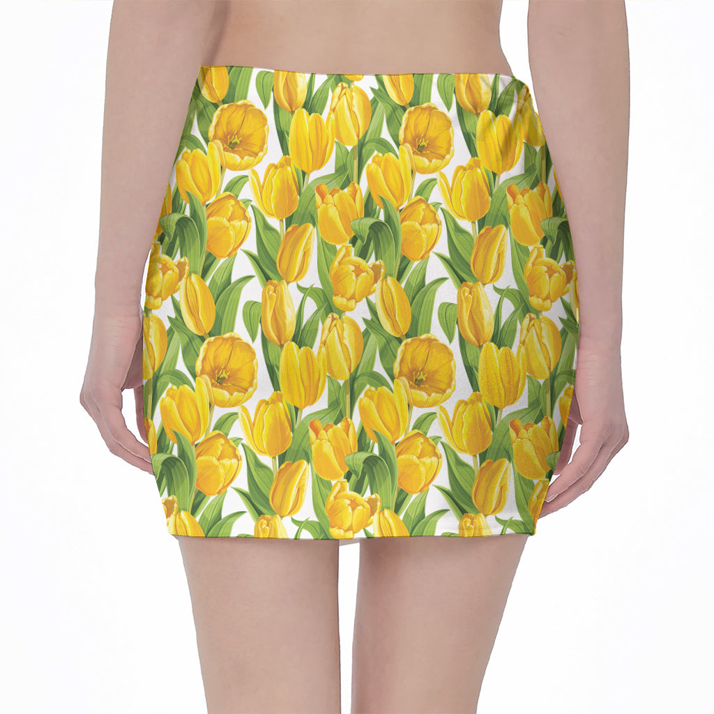 Yellow Spring Tulip Pattern Print Pencil Mini Skirt