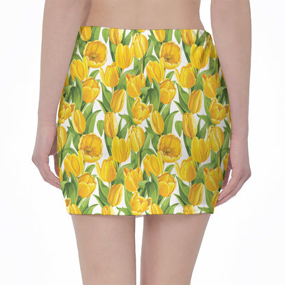Yellow Spring Tulip Pattern Print Pencil Mini Skirt