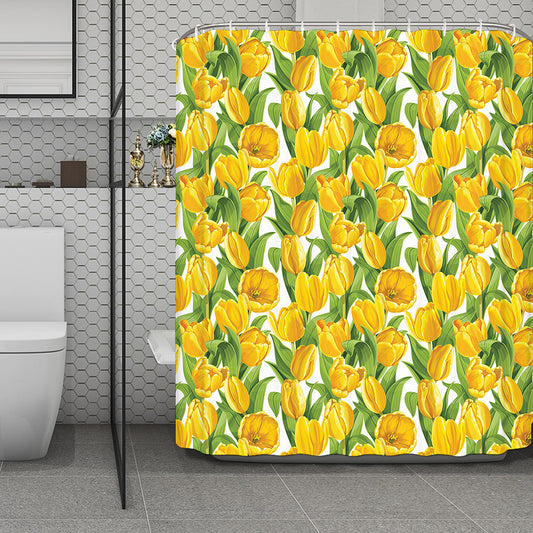 Yellow Spring Tulip Pattern Print Polyester Shower Curtain