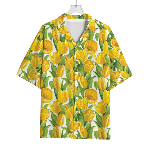 Yellow Spring Tulip Pattern Print Rayon Hawaiian Shirt
