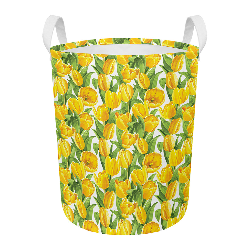 Yellow Spring Tulip Pattern Print Round Laundry Basket