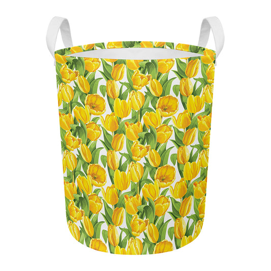 Yellow Spring Tulip Pattern Print Round Laundry Basket