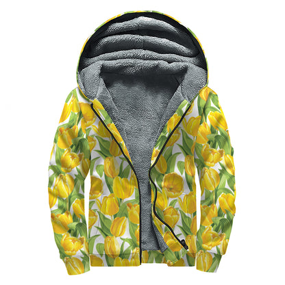 Yellow Spring Tulip Pattern Print Sherpa Lined Zip Up Hoodie