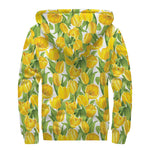 Yellow Spring Tulip Pattern Print Sherpa Lined Zip Up Hoodie