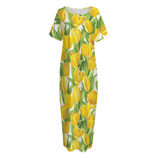 Yellow Spring Tulip Pattern Print Short Sleeve Long Nightdress