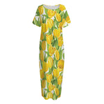 Yellow Spring Tulip Pattern Print Short Sleeve Long Nightdress