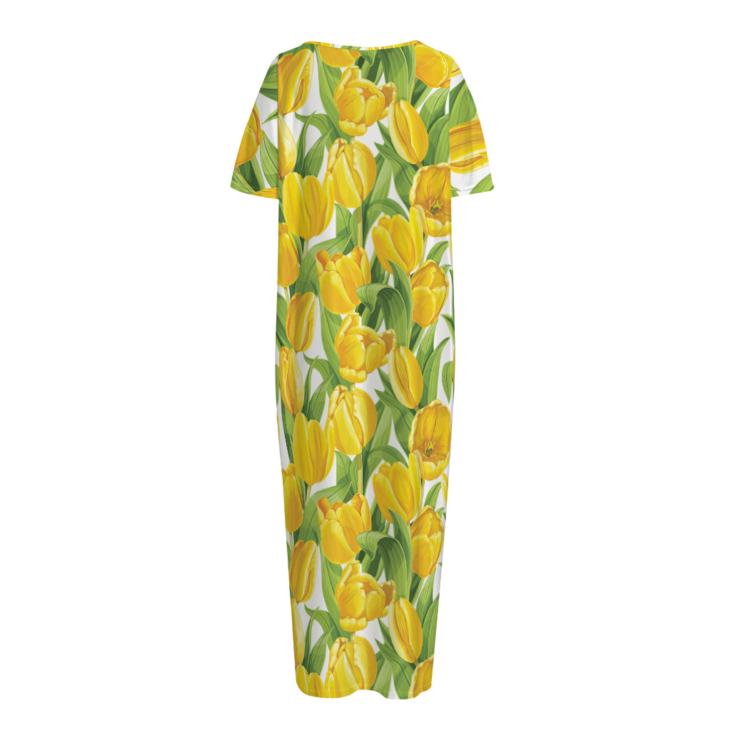 Yellow Spring Tulip Pattern Print Short Sleeve Long Nightdress