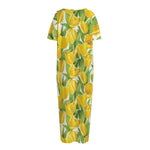 Yellow Spring Tulip Pattern Print Short Sleeve Long Nightdress