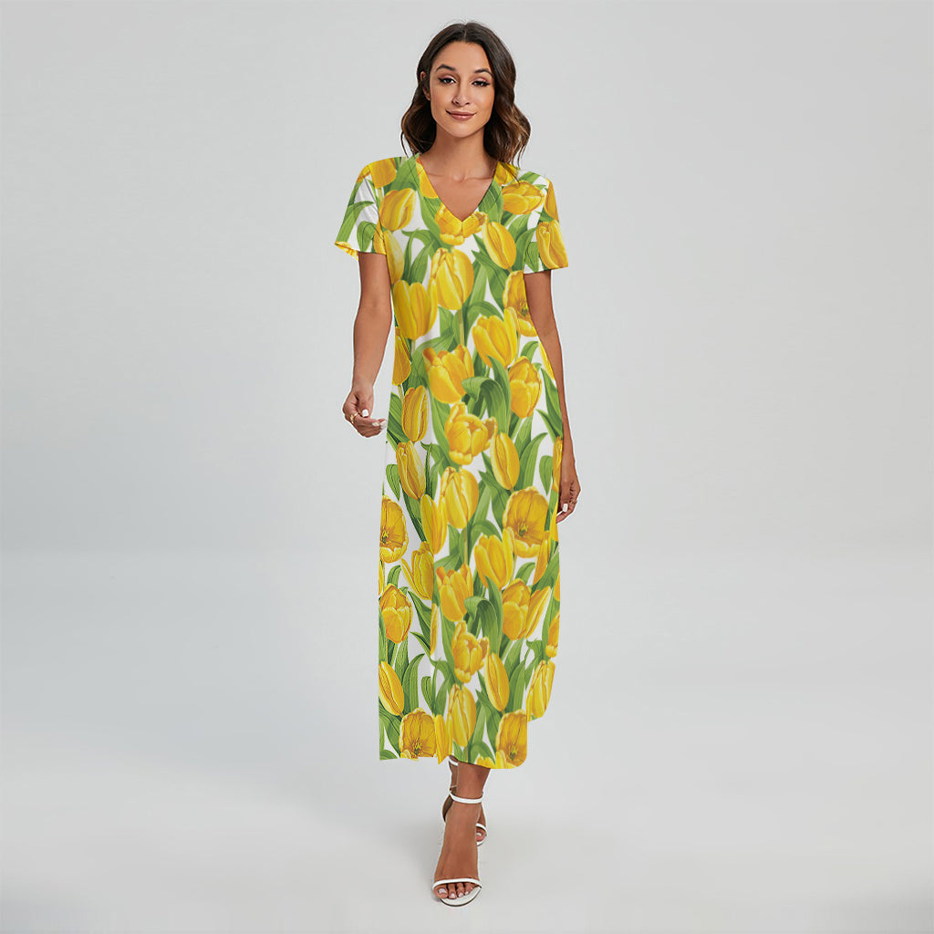 Yellow Spring Tulip Pattern Print Short Sleeve Maxi Dress