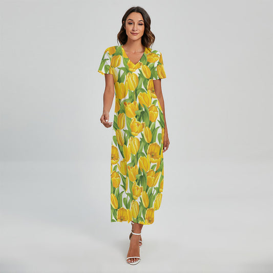 Yellow Spring Tulip Pattern Print Short Sleeve Maxi Dress