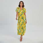 Yellow Spring Tulip Pattern Print Short Sleeve Maxi Dress