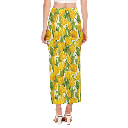 Yellow Spring Tulip Pattern Print Side Slit Maxi Skirt