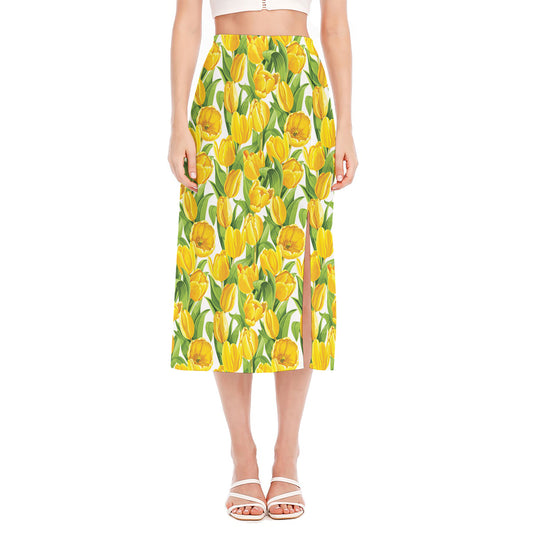 Yellow Spring Tulip Pattern Print Side Slit Midi Skirt