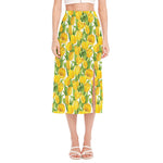 Yellow Spring Tulip Pattern Print Side Slit Midi Skirt