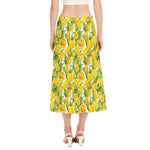 Yellow Spring Tulip Pattern Print Side Slit Midi Skirt