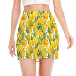 Yellow Spring Tulip Pattern Print Side Slit Mini Skirt