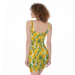 Yellow Spring Tulip Pattern Print Sleeveless Bodycon Dress