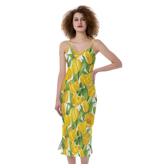 Yellow Spring Tulip Pattern Print Slim Fit Midi Cami Dress