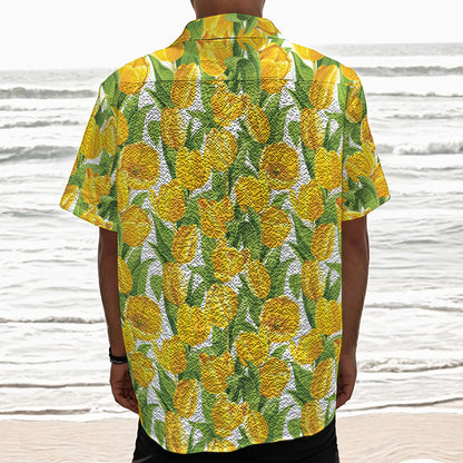 Yellow Spring Tulip Pattern Print Textured Short Sleeve Shirt