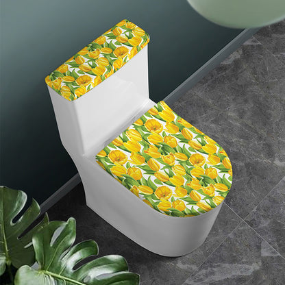 Yellow Spring Tulip Pattern Print Toilet Lid And Tank Cover Set