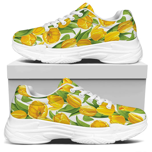 Yellow Spring Tulip Pattern Print White Chunky Shoes