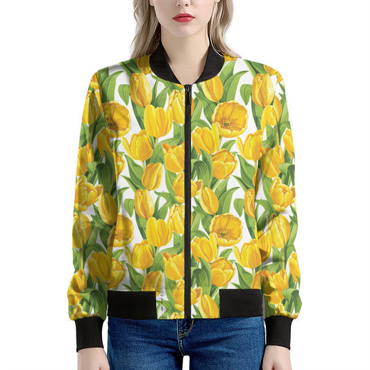 Yellow Spring Tulip Pattern Print Women's Bomber Jacket