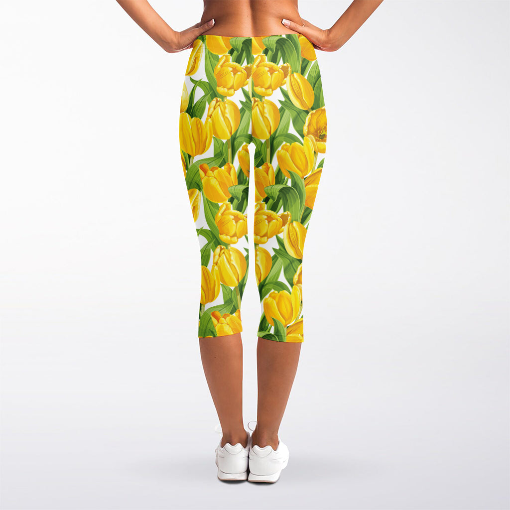 Yellow Spring Tulip Pattern Print Women's Capri Leggings