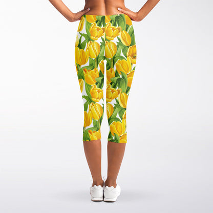Yellow Spring Tulip Pattern Print Women's Capri Leggings