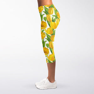Yellow Spring Tulip Pattern Print Women's Capri Leggings