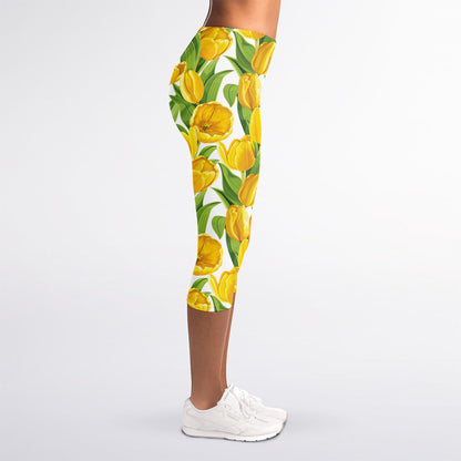 Yellow Spring Tulip Pattern Print Women's Capri Leggings