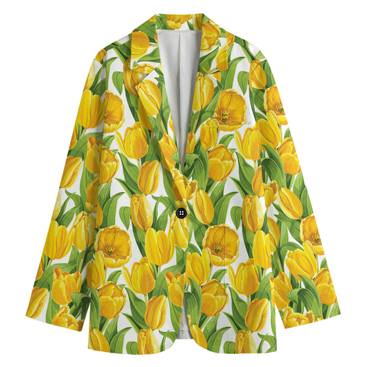 Yellow Spring Tulip Pattern Print Women's Cotton Blazer
